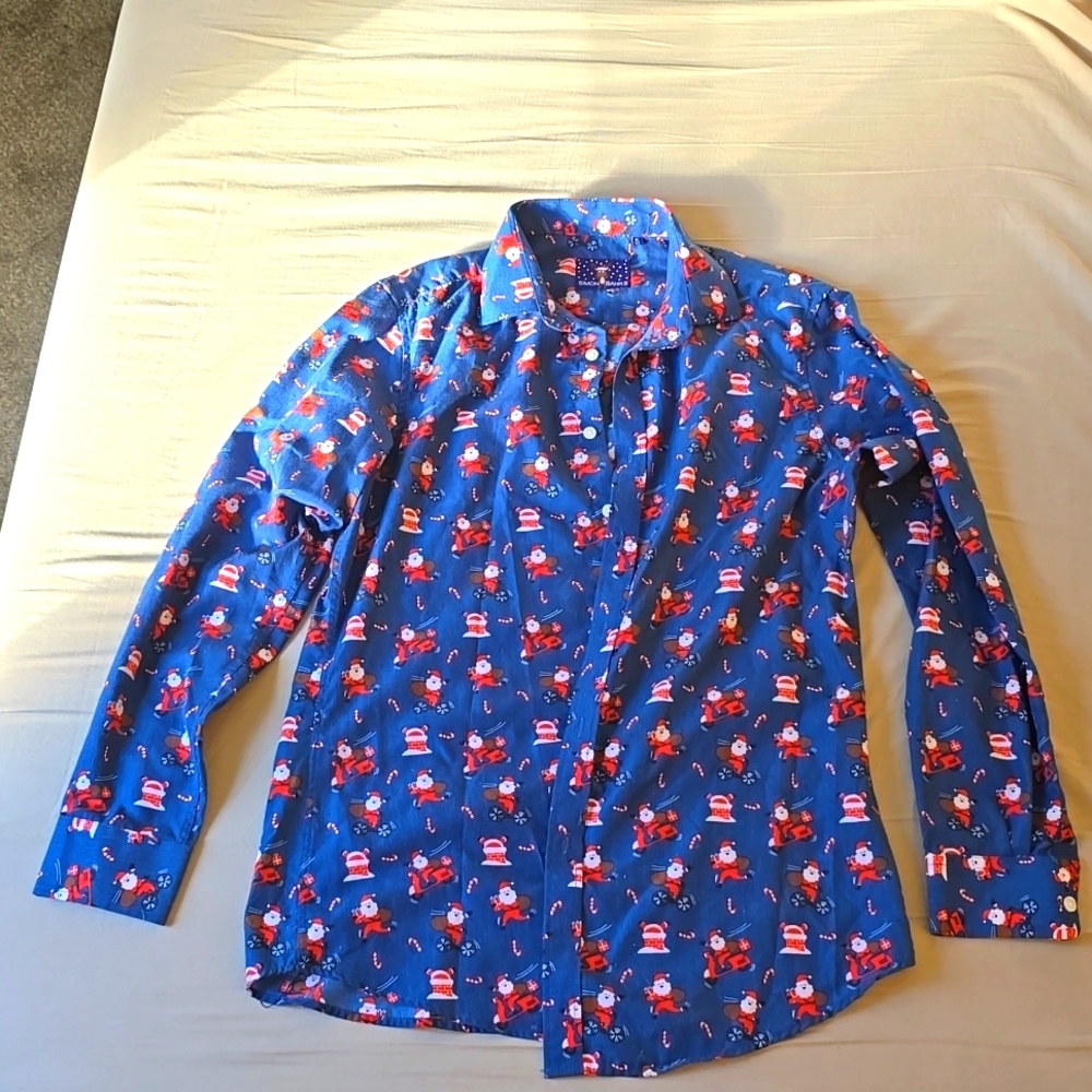 Blue christmas button down dress shirt